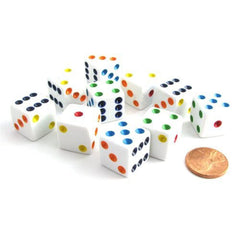 Koplow 10 D6 dice in white with multicolor pips for 16mm standard play