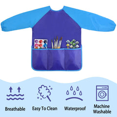 Kopokita blue smock with sleeves on, protective for messy sessions