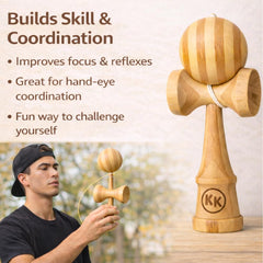 Kotaro Pro Bamboo Kendama ball tama shot highlights pre-strung setup.