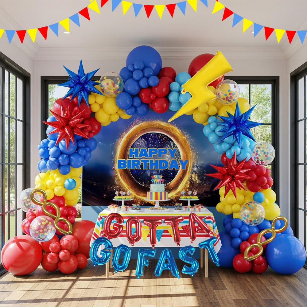 Kozee hedgehog birthday balloons in red blue yellow create a vibrant party backdrop.