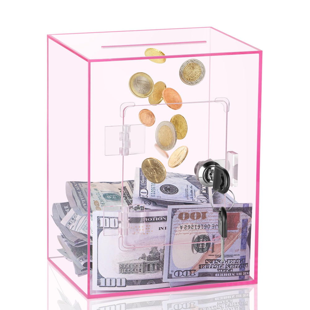 Kozsort pink clear piggy bank front view shows generous coin and bill storage
