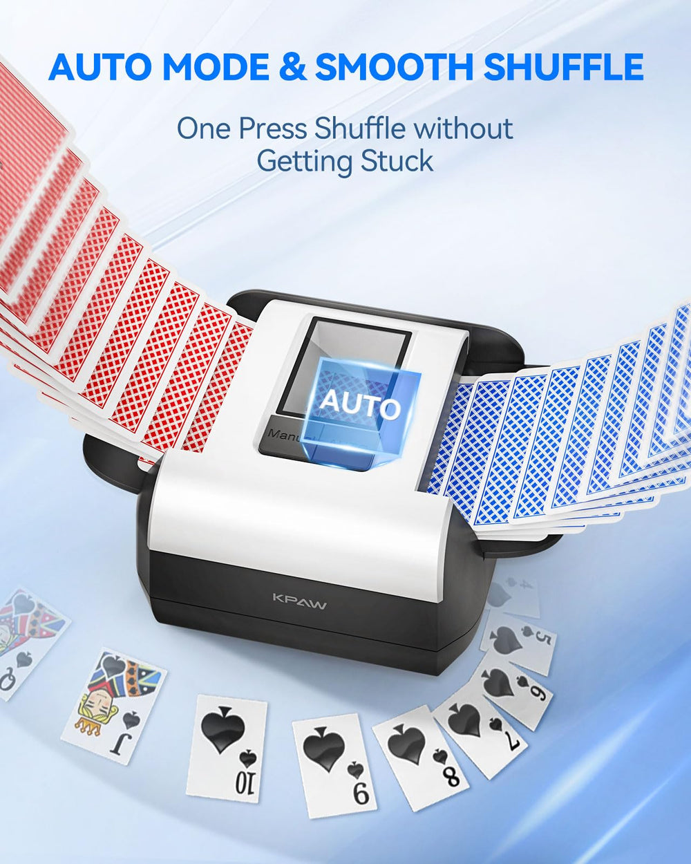 KPAW shuffler with retractable wing fits poker and UNO decks.