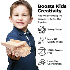 Kraftic dump truck wood model kit showing organized parts for easy assembly