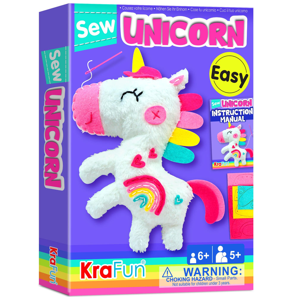KRAFUN Beginner Unicorn Sewing Kit box shown with tools and materials for easy sewing.