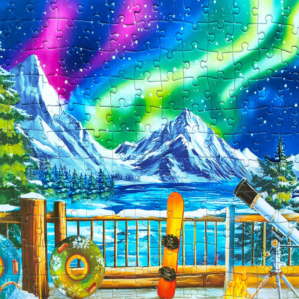 Kribin aurora and snowy mountain backdrop, vibrant colors.