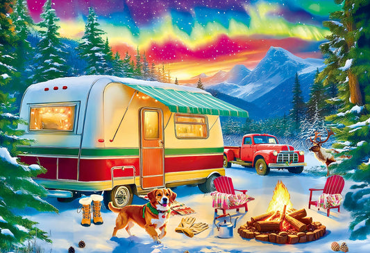 Kribin 300-piece Northern Lights Forest RV puzzle with vibrant colors for relaxing evenings.