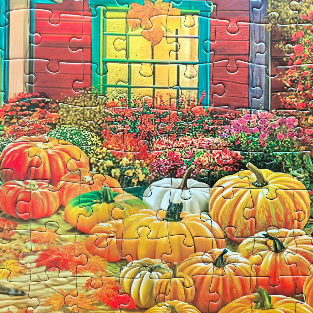 Kribin pumpkin cart puzzle captures harvest scene, great for seasonal gifting or display