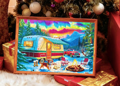 Kribin vintage RV and red pickup image puzzle emphasizes nostalgic scene for shared moments.