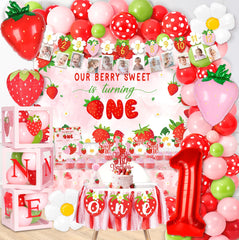 Kriyokiaa berry first birthday backdrop with strawberry accents for memorable photos.