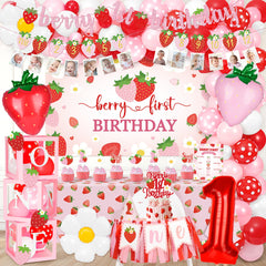 Kriyokiaa berry first birthday banner anchors the strawberry theme for photos and entryways.