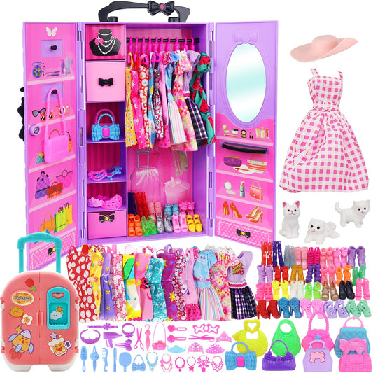 K.T. Fancy doll closet wardrobe in purple with organized drawers for easy storage.