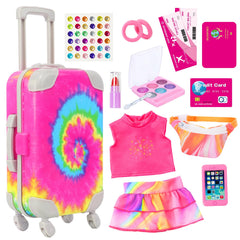 K.T. Fancy rainbow tie-dye suitcase for travel-themed play with 18-inch dolls