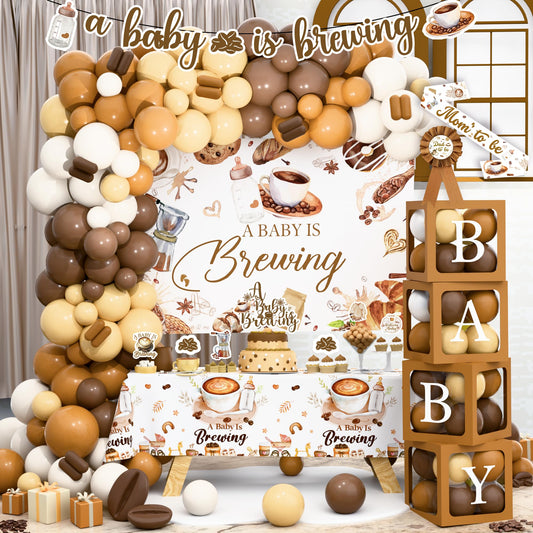 Kudapity coffee-themed banner arch backdrop creates warm shower atmosphere