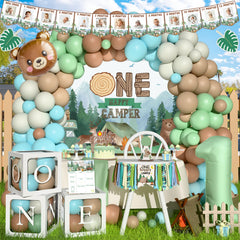 Kudapity One Happy Camper balloon garland for a vibrant forest birthday setup