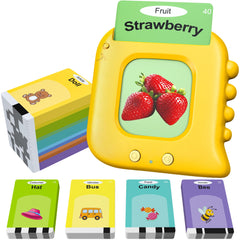 Kuovei talking flash card reader beside cards boosts vocabulary and listening in play