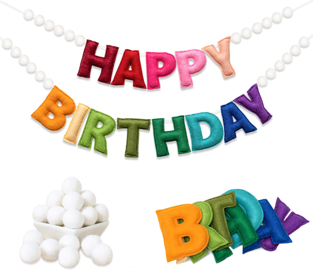 KUQJJQU upgraded happy birthday banner close-up shows premium wool felt texture and 3D lettering.