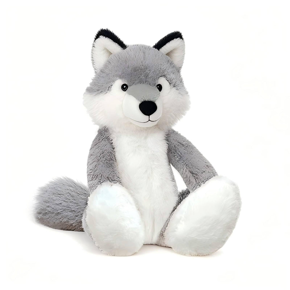 KUUDESOXX Wolf Stuffed Animal close-up reveals soft plush fur for comforting hugs.