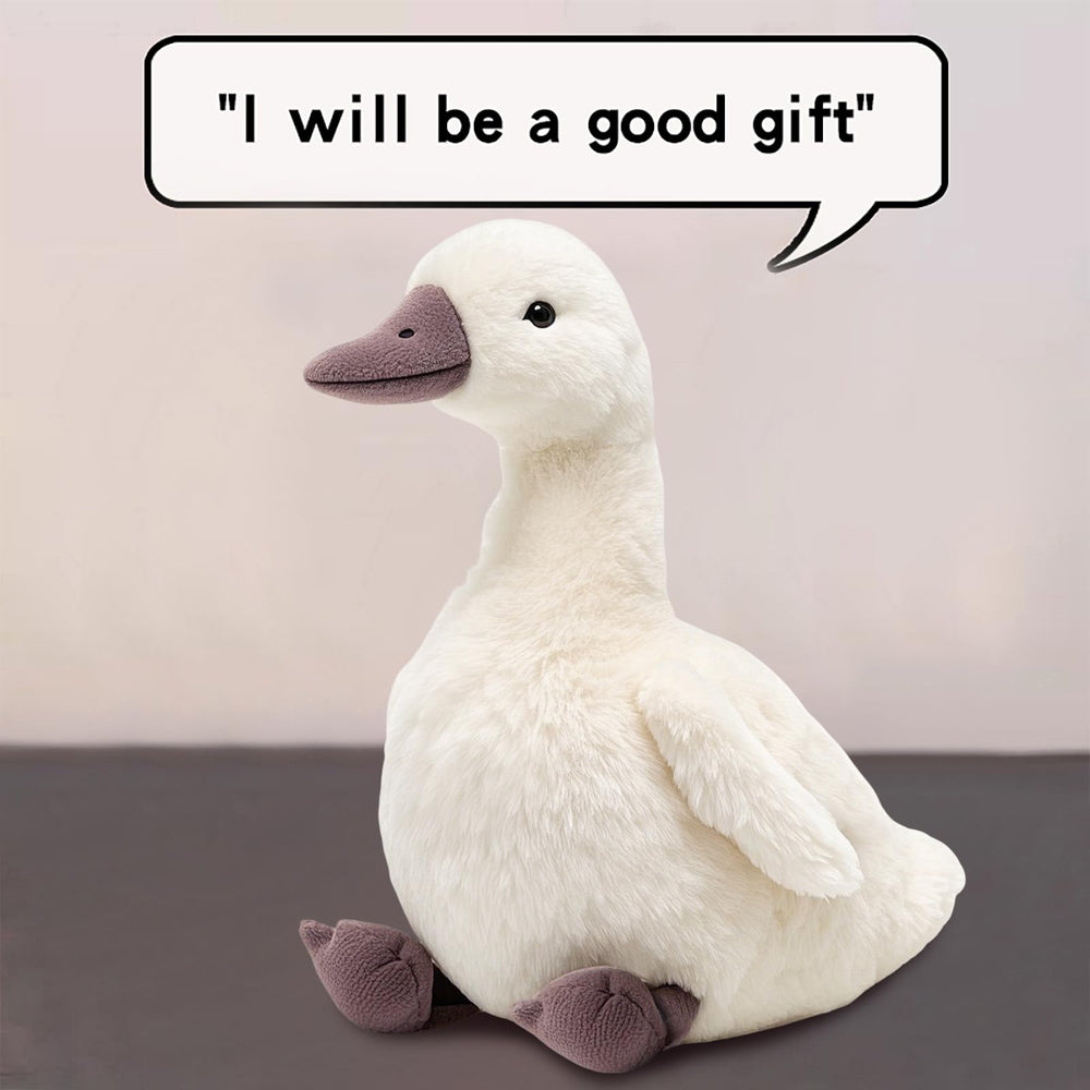 KUUDESOXX duck plush hugged by a child offers soft cuddles.