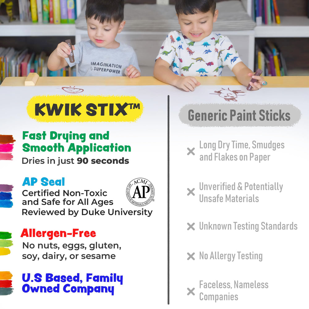 Kwik Stix twist-up mechanism makes painting easy for little hands.