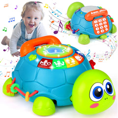 KWYZ Musical Turtle Crawling Toy front view with lights, boosting exploratory play.