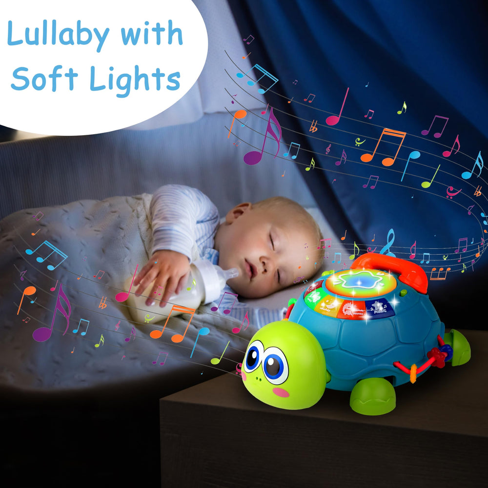 KWYZ Musical Turtle Crawling Toy lullaby mode supports soothing bedtime routines.