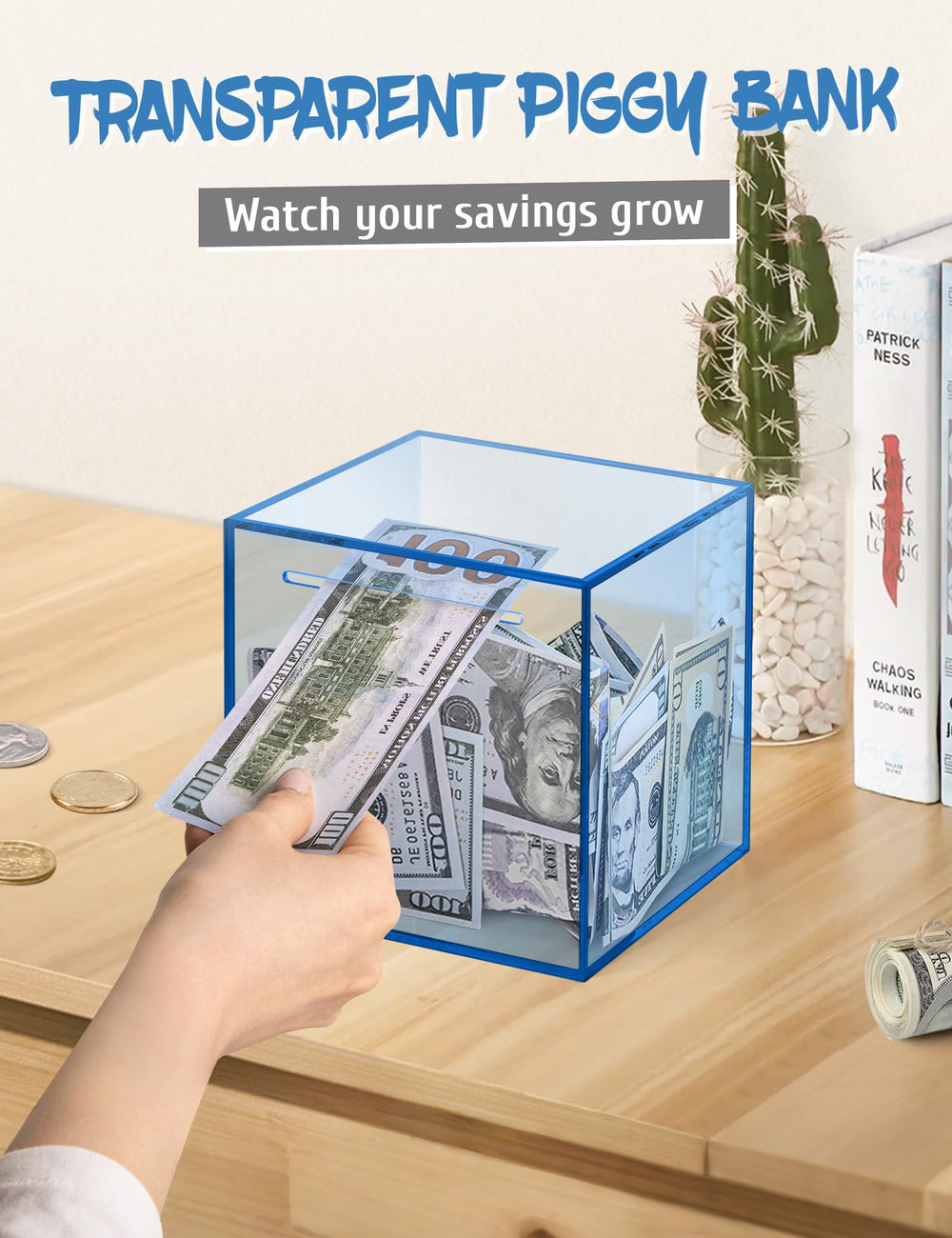 Kypeeka blue acrylic piggy bank break-to-open concept encourages deliberate saving