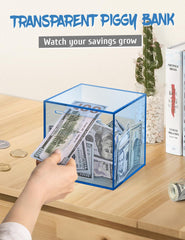 Kypeeka blue acrylic piggy bank break-to-open concept encourages deliberate saving