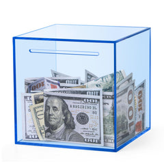 Kypeeka blue acrylic piggy bank front view showing clear savings visualization for motivation