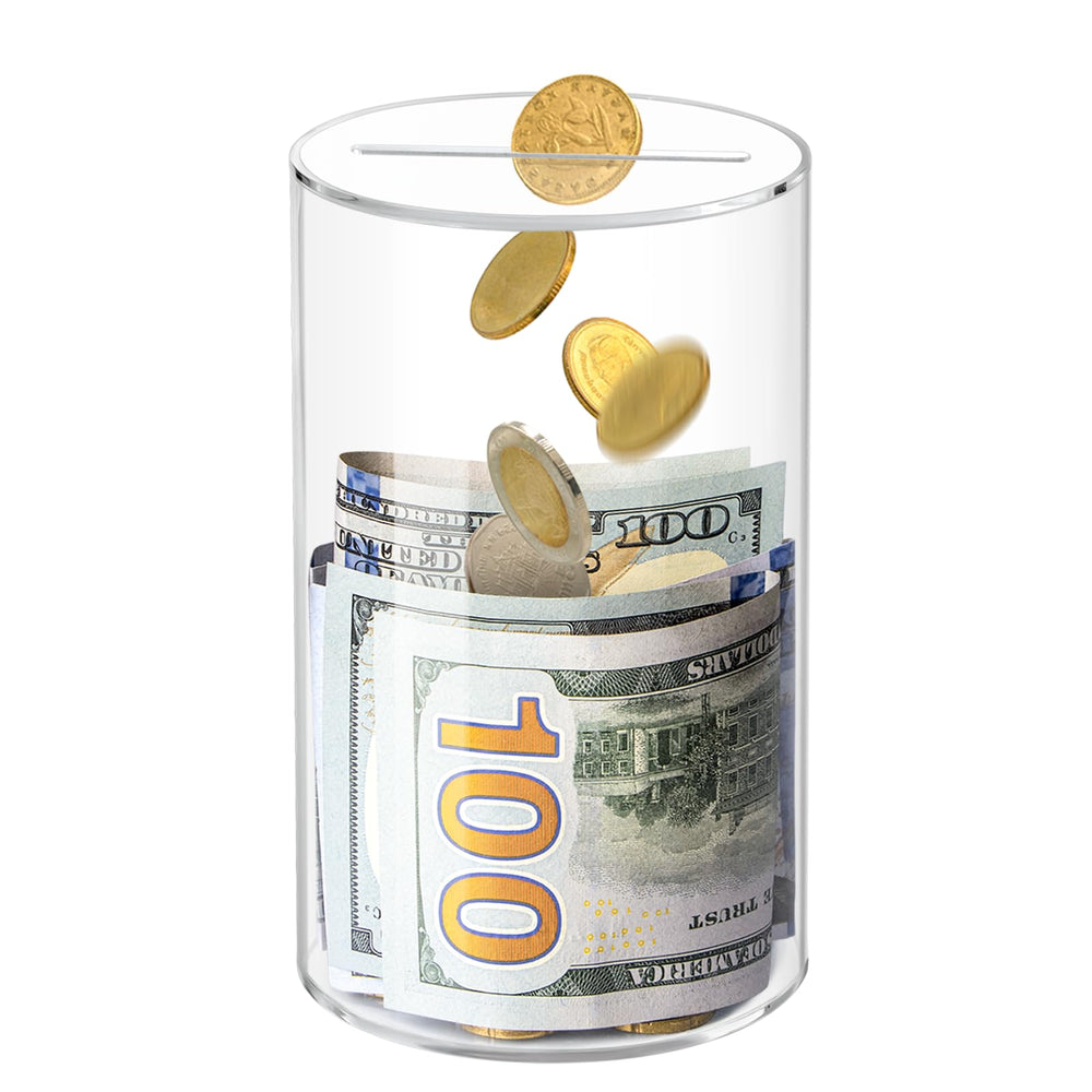 Kypeeka clear acrylic piggy bank front view showing transparent savings growth