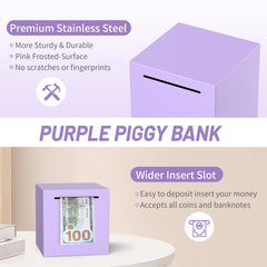 Kypeeka piggy bank purple with coins demonstrates secure storage for savings.