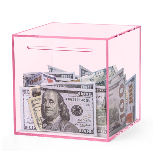 Kypeeka pink acrylic piggy bank front view, transparent to watch savings grow.
