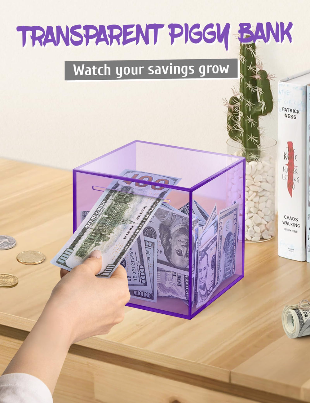 Kypeeka purple acrylic piggy bank side profile, sleek home decor piece