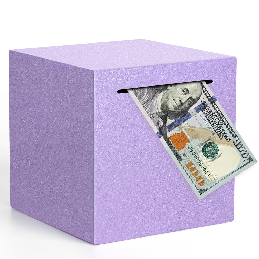 Kypeeka unbreakable piggy bank purple on desk keeps cash safe while you save.