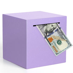 Kypeeka unbreakable piggy bank purple on desk keeps cash safe while you save.