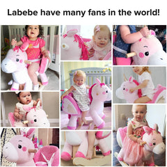 Labebe pink unicorn rocker side view shows sturdy wooden base for durability.