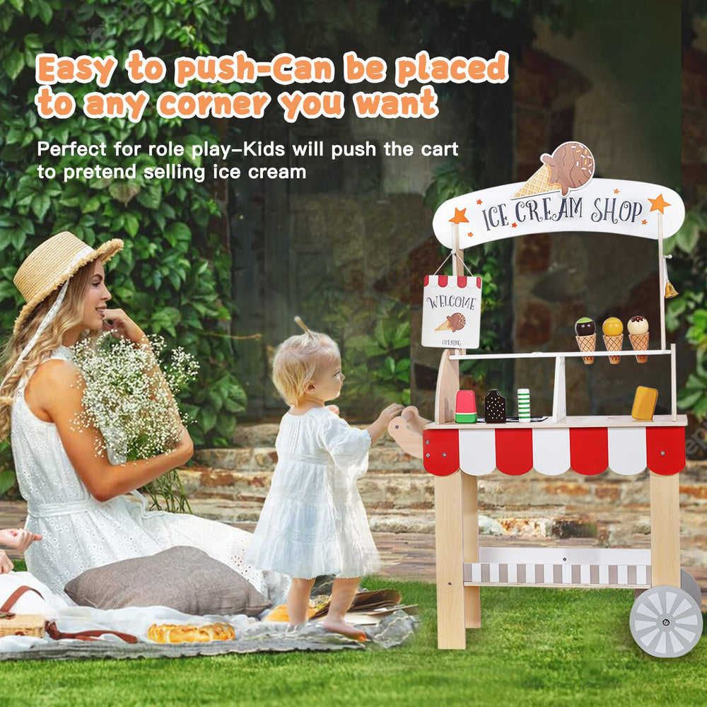 Labebe wooden ice cream cart top view highlighting dual serving surfaces for imaginative play.