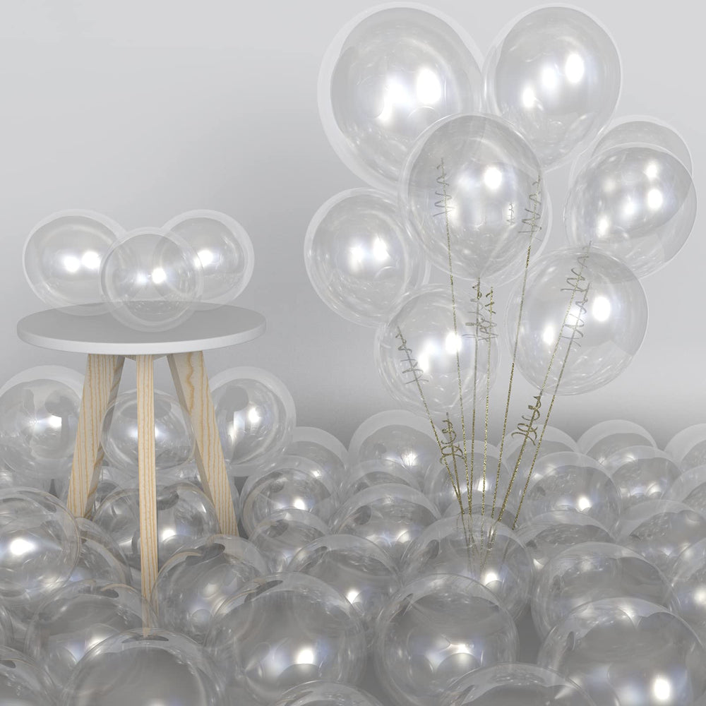 Labeol clear 5-inch balloons fill gaps with subtle sparkle.