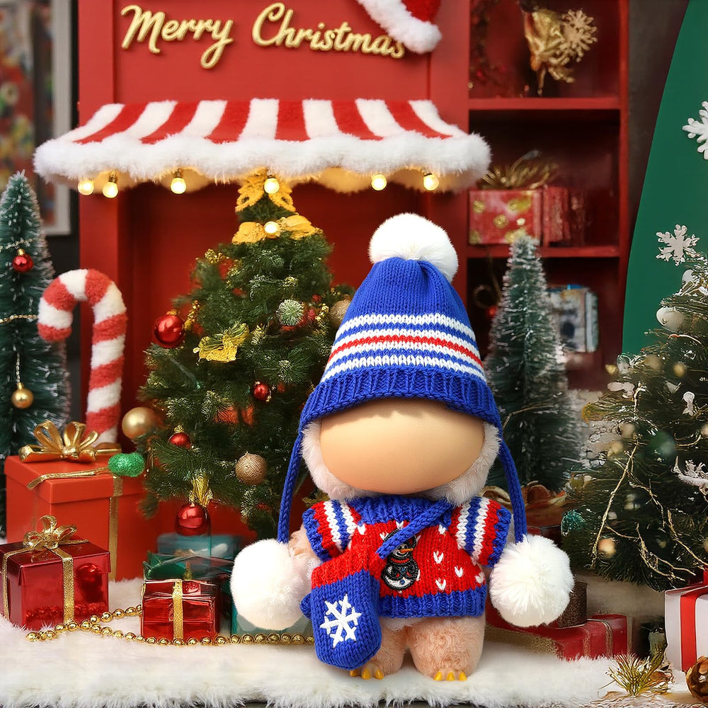 LABUBU blue Christmas bag completes the outfit for gift-ready display.