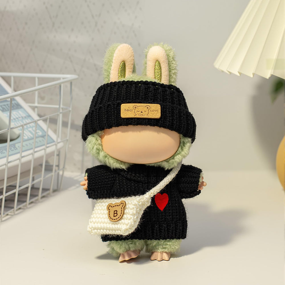Labubu black hat for 17cm dolls, cute flair and warmth.