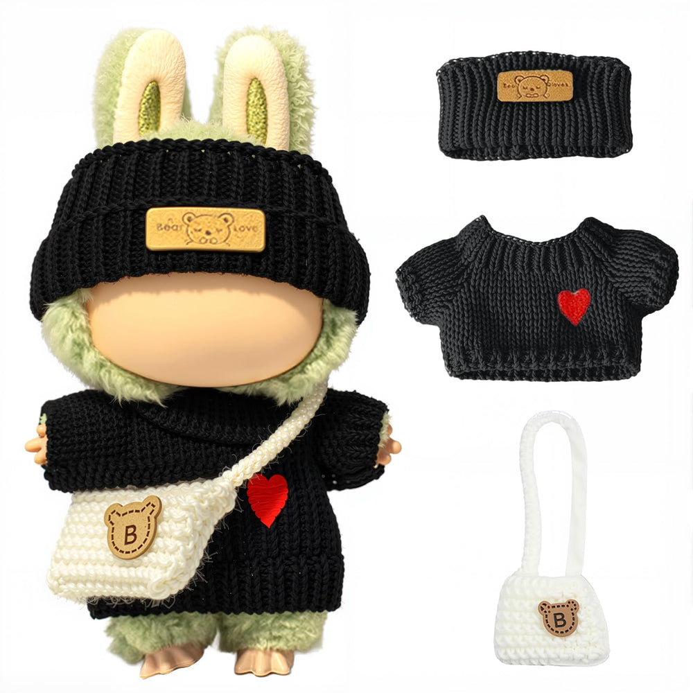 Labubu heart sweater for 17cm dolls in black, cozy and stylish for display.