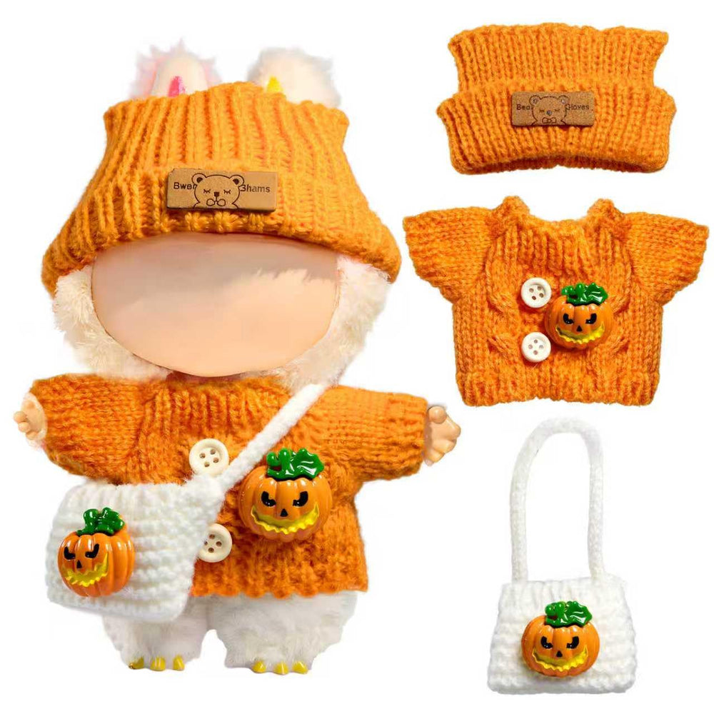 Labubu doll pumpkin sweater close-up; soft knit for cozy play
