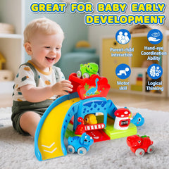 Four friction-powered dino cars enhance cooperative play and fine motor practice.