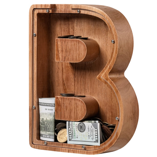 Ladenk piggy bank initial B wooden design enhances saving habit.