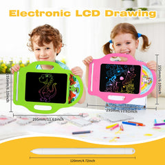 LAEBUILD LCD writing tablet with green dinosaur doodle and stylus ready.