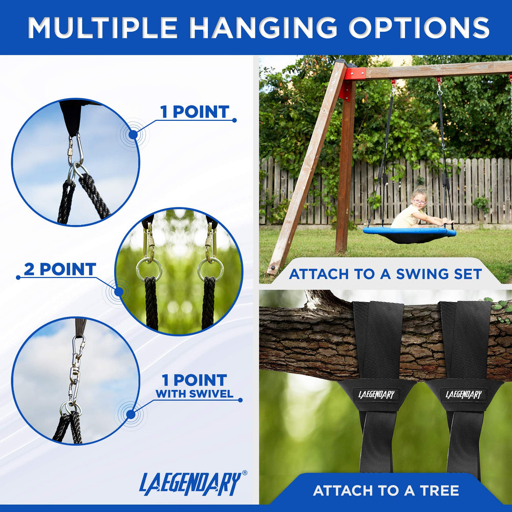 Laegendary saucer swing soft-padding and handles for comfortable play.