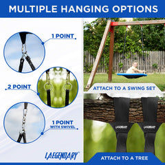 Laegendary saucer swing soft-padding and handles for comfortable play.