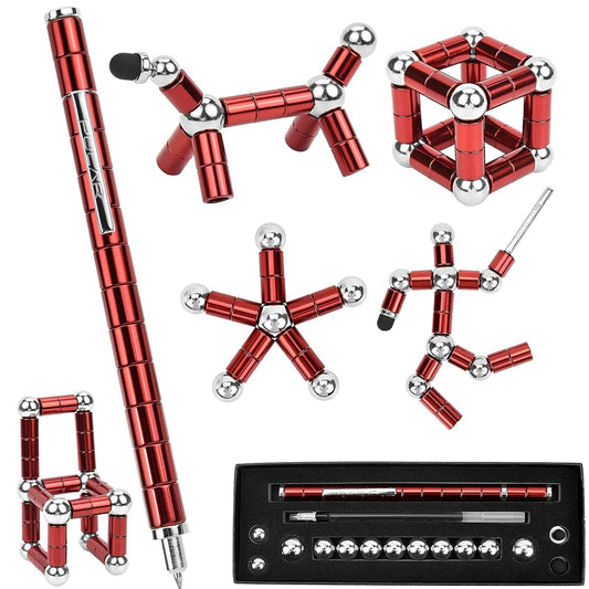 Lafoxla fidget pen in red showing magnetic parts for flexible shapes