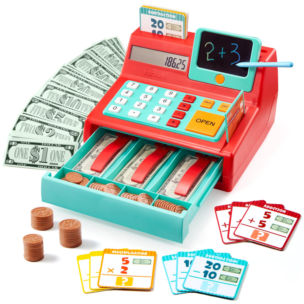 Lalalark cash register with bright buttons boosts tactile play and learning