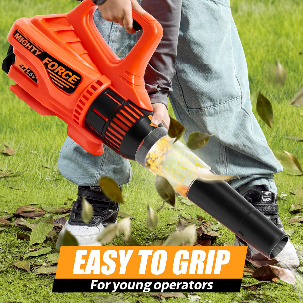 Lalalark Mighty Force leaf blower action with spinning wood shavings for realistic pretend play.