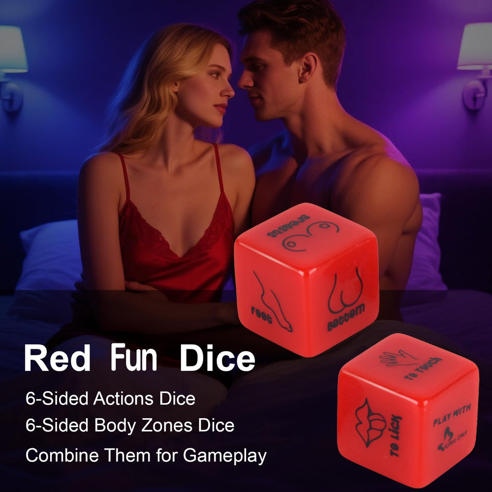 Lalamingo black 10-sided dice closeup, body part prompts for playful exploration.